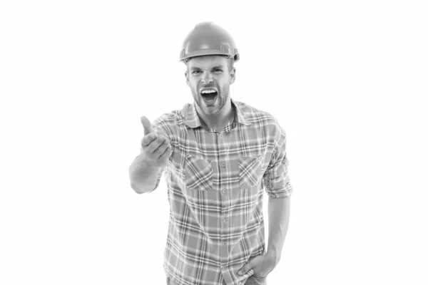 Mannen skriker. Man byggare hatt. Handyman på verkstaden. Arg aggressiv kille. Förbättring och renovering. Man byggare eller inspektör. Ingenjör arkitekt byggare. Mobbförman. Kontroll och förvaltning — Stockfoto