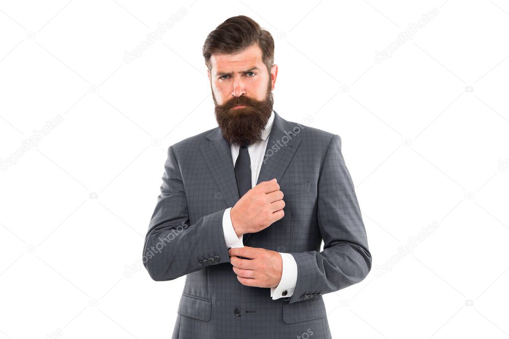 Going for something more classic. Fashion look of bearded man. Businessman fix cuff isolated on white. Formal fashion style. Formalwear. Mens wardrobe. Fashion store. Classy fashion