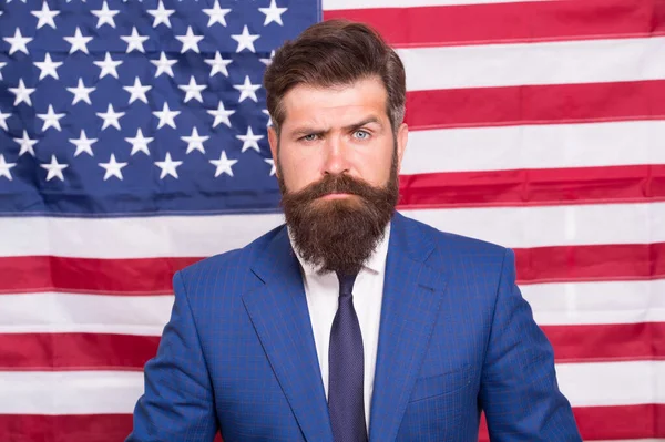 Proud of motherland. American news. American reform. July 4. American citizen usa flag. American citizen. Happy celebration of victory. Bearded hipster man being patriotic for usa. National holidays — Stock Photo, Image