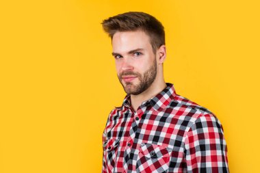 Havalı erkek. Seksi kıllı sakallı adam. Yüz kılları ve cilt bakımı. Yakışıklı adam kareli gömlek giyiyor. Tıraşsız, sıradan bir adam. Erkek kuaför ve berber dükkanı. Erkek güzellik eğilimi. Boşluğu kopyala