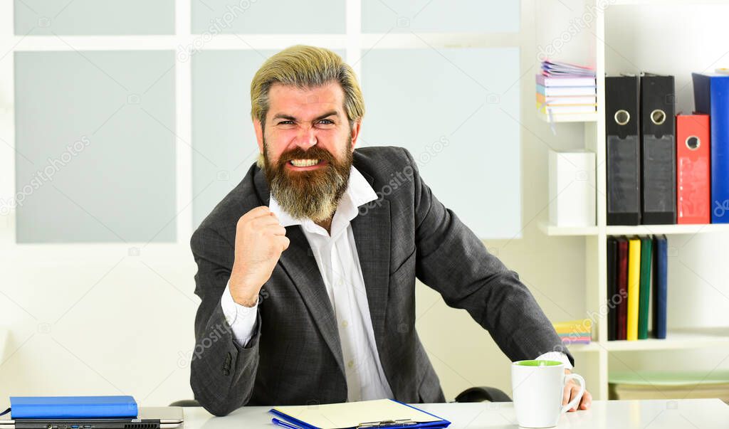 Inspired and motivated. Morning coffee in office. Office life. Good coffee. Respectable ceo. Man handsome boss sit in office drinking coffee. Bearded hipster formal suit relaxing with coffee