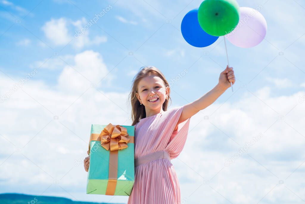 for me. concept of dreaming. childhood happiness. kid fashion beauty. imagination and inspiration. birthday party present. small girl with balloon. prepare for holiday. ready to celebrate