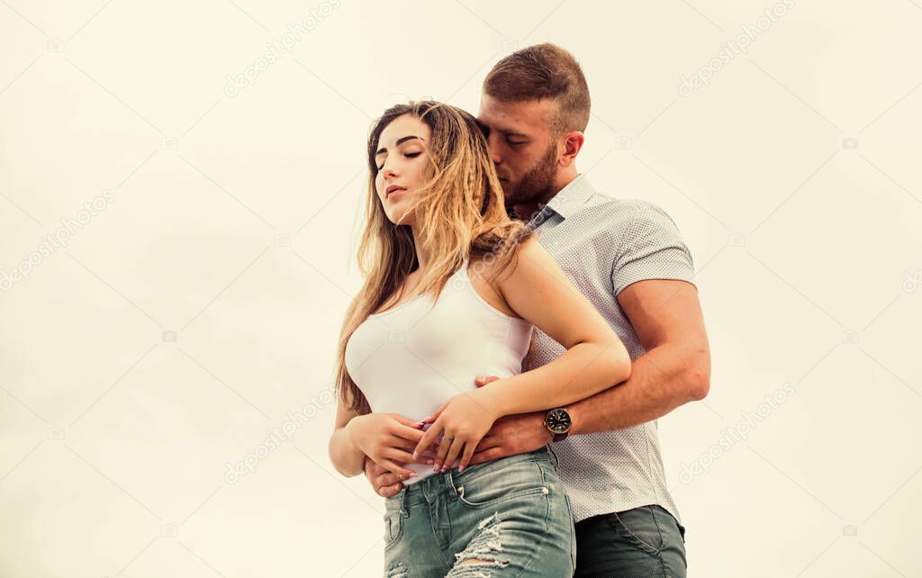 Couple in love. Together forever we two. Love story. Romantic relations. Cute relationship. Man and woman cuddle nature background. True love. Supporting her. Family love. Devotion and trust