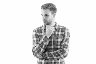 Sakal bırakmayı. Ciddi adam beyaz sakallı saçlara dokunuyor. Sakallı ve bıyıklı traşsız bir adam. Berber dükkanı. Sakal büyütme ürünleri. Kuaför salonu. Erkek sağlığı ve bakımı