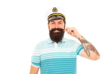 Fırtınalar ve rüzgarlarla oynamak için doğmuş. Deniz kaptanı beyazı izole etti. Mutlu Kaptan Bıyık Döndürme. Geminin kaptanı. Yüzbaşı üniformalı sakallı adam. Dünya gezisi. Deniz macerası. Deniz yolculuğu