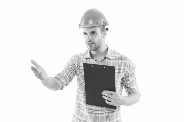 Site inspection. Civil engineer or technician isolated on white. Engineer or architect at work. Construction surveillance engineer in hardhat. Engineering and architecture. Building and constructing