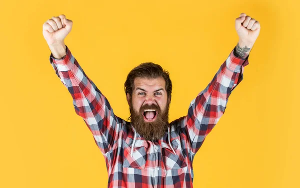 Atrapar el éxito. brutal hombre feliz con barba de pie en el interior. Joven y brutal. Un hombre brutal, seguro y guapo. retrato de hombre barbudo guapo en camisa a cuadros. hombre usando ropa casual — Foto de Stock