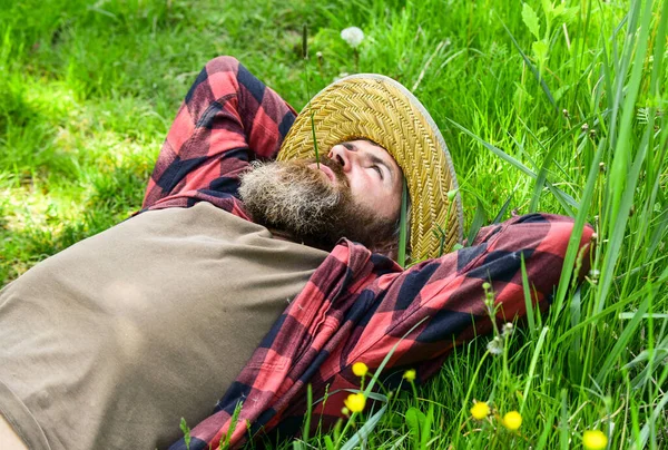 Descanse no campo. Unidos com a pátria. A natureza é a minha casa. Homem barbudo agricultor descansar após o trabalho diurno. Agricultor relaxar na grama verde. Conceito de ecologia. Férias. Ambiente ecológico. Descanso — Fotografia de Stock