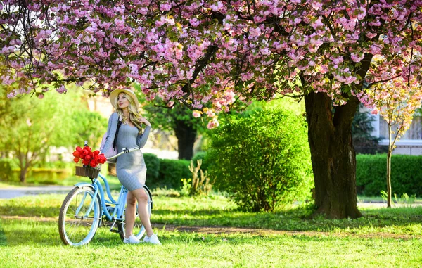 Planuję podróż. różowa kwitnąca sakura. Zrelaksuj się w parku. moda i piękno. Kobieta rocznik rower. Romantyczna dziewczyna w Sakura Flower. piękna przyroda sezonu wiosennego. wiśnia kwitnące kwiaty — Zdjęcie stockowe