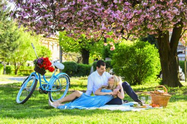 Aşkı hissetmek. Birbirine aşık çiftler. Yıldönümü. Yaz parkında mutlu bir aile. Yiyecek ve içecek. Erkek ve kadın. Piknikteki romantik çift. İlkbaharda aşk randevusu. Sakura çiçeğinin altında rahatla.