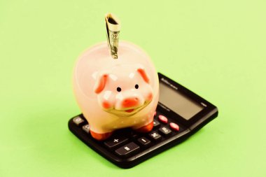 Tasarruf. Tasarruf depozitosu tasarruf etmek için uygun esnek bir yoldur. Ekonomi ve finans. Piggy Bank Pembe Domuz dolar banknot ve hesap makinesi doldurdu. Finansal refah. Tasarruf hesabı
