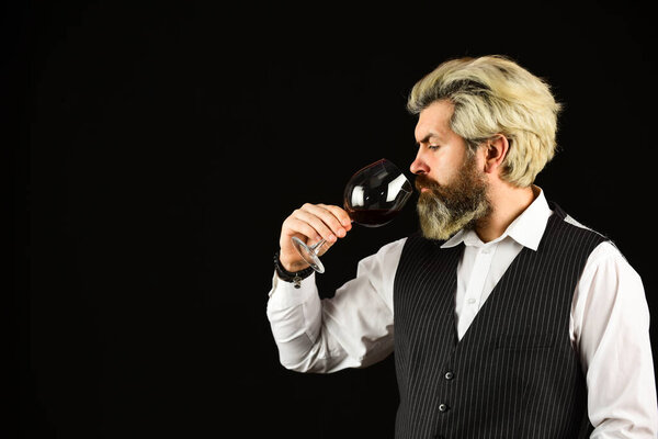 Красное вино на дегустации. Сомелье ценит выпивку. Специализируется на всех аспектах винного сервиса. Бармен в баре. Сомелье пробует вино. Ответственность сомелье работает в рамках вкусовых предпочтений