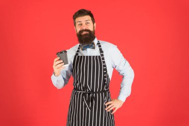 Keyfinize hizmet ediyorum. Barista yakışıklı işçi. Olgun kahveci. Restoran personeli. Hippi profesyonel barista önlüğü. Garson barmen. Kafe barında barmenlik işi. Nefis kapuçino.