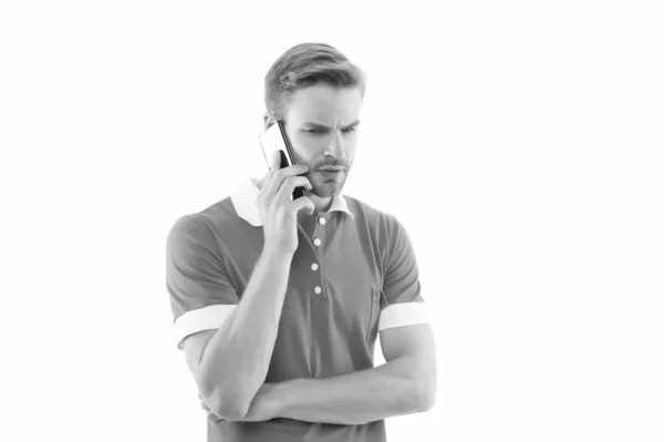 Generación de teléfonos inteligentes. Hombre guapo hablar en el teléfono inteligente aislado en blanco. Adicción a teléfonos inteligentes. La vida moderna. Teléfono inteligente o teléfono móvil. Nueva tecnología. Comunicación móvil — Foto de Stock