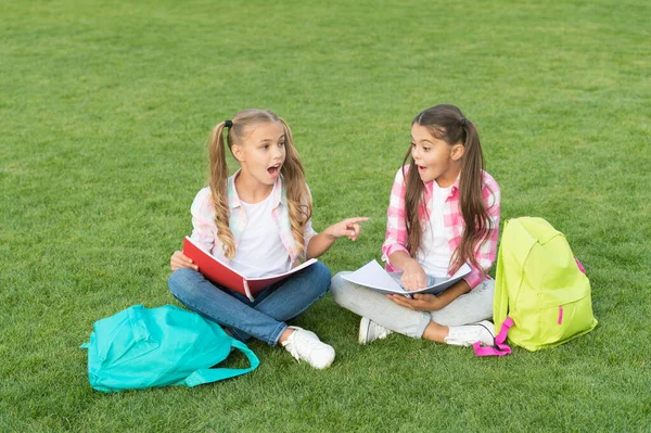 Маленькие дети девочки читают книги сидеть на траве, летняя школа концепция — стоковое фото