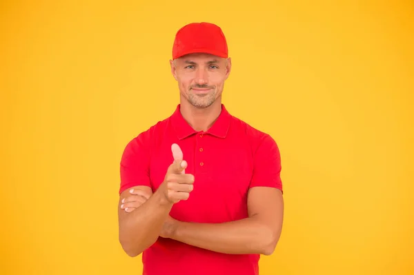 Black friday. Freight transportation. Perfect delivery. Delivery man yellow background. Free services. Express delivery courier service. Parcel post package. Delivery copy space. Cashier shop staff — Stock Photo, Image