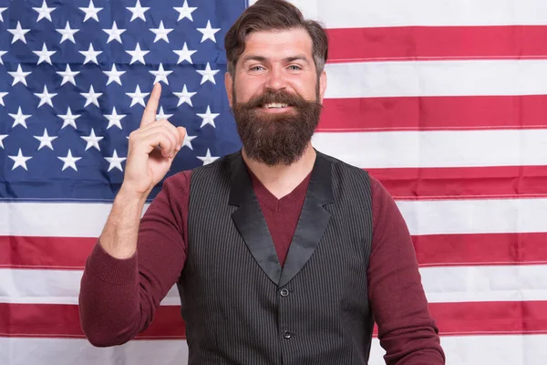 Patriotic speech. Promoting american values. Confident businessman american flag background. 4 of july. Independence day. Celebration of freedom. Cultural identity. American man celebrate holiday — Stock Photo, Image