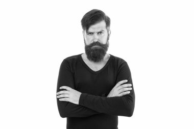 Yakışıklı adamın esmer saçları var. Uzun sakallı şık bir adam. Moda görünümlü sakallı bir erkek. Vahşi hippi. Erkek modası ve güzellik. Güvenle dolu. hippi günlük kıyafetler giyer.