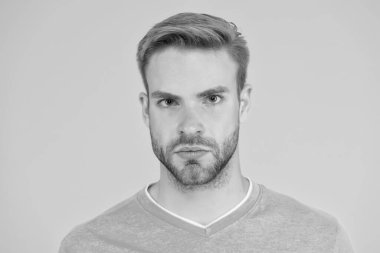 Yakışıklı adamın şık bir saç kesimi var. Berber dükkanında tıraş ve bakım. Kuaför salonu servisi. Erkekler için yaz modası. Yüzü kıllı bir adam. Kendine güvenen bir adam. erkek güzeli