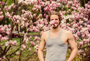 Sakura kokusu. İyi havanın tadını çıkar. Bahar tatili Erkek cinselliği. Adam doğal mevsimlik arka plan. Alerji. Manolya çiçeği açan seksi adam. Tazelenmiş hissediyorum. Ben özgürüm. maço adam.
