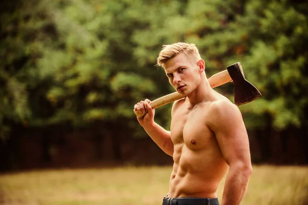 You can do it. Lumberjack woodman sexy naked athletic torso. Masculine concept. Illegal logging. woodsman with axe in hand. muscular man with axe. sexy macho bare belly ax. bodybuilding concept — Stock Photo, Image