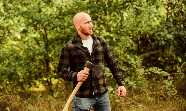 Hombre camisa a cuadros utilizar hacha. macho brutal y atractivo en el bosque. poder y fuerza. leñador llevar hacha. trabajador leñador calvo. en vivo en Rancho. concepto de masculinidad. árbol cortado hipster barbudo — Foto de Stock