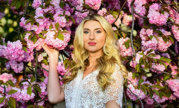 Ternura e feminilidade. Símbolo da primavera. Menina desfrutar sakura no jardim. Descanse e férias. Flor de primavera. Cerejeira. Aroma floral. Razões pelas quais as flores fazem as mulheres felizes. Feliz dia de primavera — Fotografia de Stock