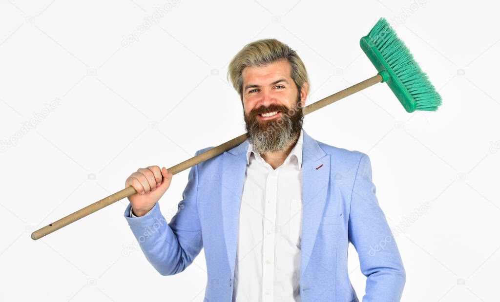 business and home. unemployment and business reduction. staff reductions concept. Cutting staff and jobs. business cost reduction concept. resource management. man hold broom