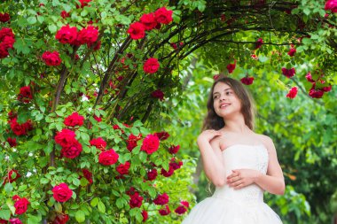 Göz kamaştırıcı bir düğün görüntüsü. çocukluk mutluluğu. Kızlar parti elbisesi. Kadın moda salonu. Çiçek açan bahçede küçük bir güzellik. Yasemin çiçeğini park et. Güzel balo kraliçesi. Prenses gibi görün. Nedime