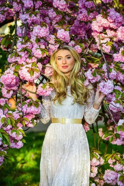 Ciesząc się każdą chwilą. letnie piękno i moda. Seksowna kobieta w parku. Wiosenna kobieta w kwiecie wiśni. Różowy kwiat dziewczyny. moda model w japońskim sakura kwitną. ładna dziewczyna na wiosnę kwiat — Zdjęcie stockowe