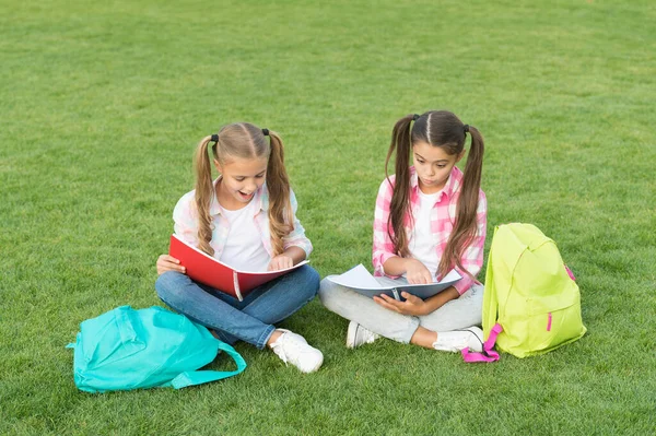 Schoolgirls little children school yard with books, interesting reading concept — Stock Photo, Image