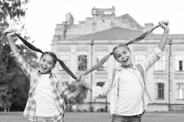 Pelo feliz, feliz tú. Las chicas felices sostienen largas colas de pelo. Peluquería. Belleza de los niños de la escuela. Salón de belleza. Peluquería o salón. Cuidado de salón para cada necesidad de cuidado del cabello — Foto de Stock