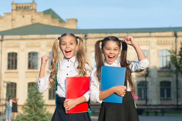 Hermanas niñas estudian juntas en la escuela, concepto de graduación exitosa —  Fotos de Stock