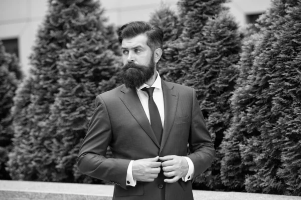 Gerente guapo caminando por la calle. hombre exitoso en traje formal de pie fuera. chaqueta botón agente inmobiliario. concepto de la vida moderna. retrato de confianza. agente de seguros exitoso. su futuro empleador — Foto de Stock