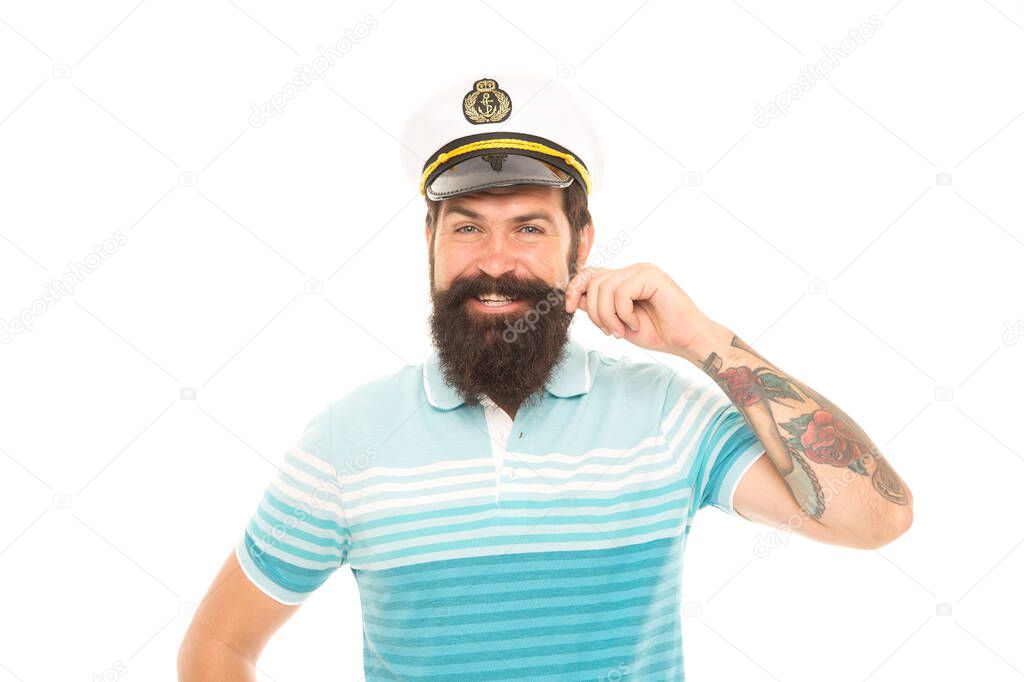 Great captain with great mustache. Happy seaman twirl mustache. Bearded man smile in mustache. Barbershop. Journey and discovery. Summer vacation. My boat my mustache