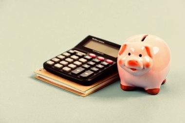 Domuz kumbarası pembe domuz ve hesap makinesi. İş idaresi. Finans müdürü aranıyor. Değiş tokuş. Ticaret pazarı. Finans bölümü. Kredi borcu kavramı. Ekonomi ve finans. Kârı hesapla