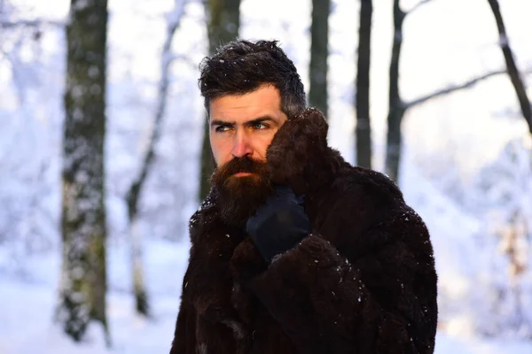 Hombre con abrigo de piel en el bosque. Macho con barba — Foto de Stock