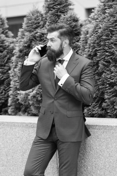 Guapo empresario maduro usando el teléfono. hombre seguro de estar al aire libre en la calle de la ciudad. comunicación. hombre barbudo maduro cerca del ciprés. exitoso empresario al aire libre — Foto de Stock