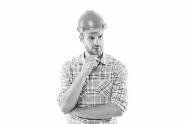 Construction you can count on. Construction worker isolated on white. Construction engineer or builder wear hard hat. Construction industry. Constructing and building. Engineering and design