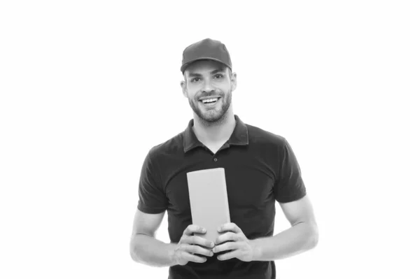 Promised quality service. Man delivery service. Happy guy hold parcel isolated on white. Express courier service. Shipping and delivery service. Sending by parcel post. Faster than you can think