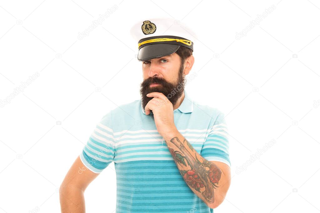 Think blue and go green. Serious seaman with beard isolated on white. Serious look of bearded man. Solving problem. Serious thought. Dilemma. Thinking on problem. Thoughtful and serious