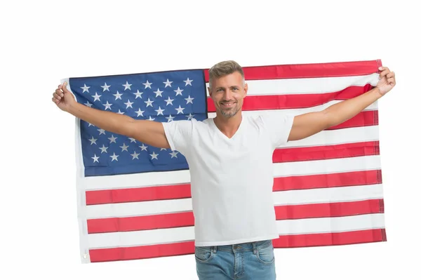 Man met Amerikaanse vlag trotse burger USA, nationale feestdagen concept — Stockfoto