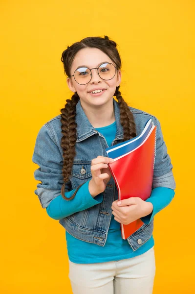 Read good books to grow. Happy child hold books yellow background. Library reader. Learning to read. Home reading. Back to school. Literature and language. Fantasy and imagination. Read now and then — Stock Photo, Image