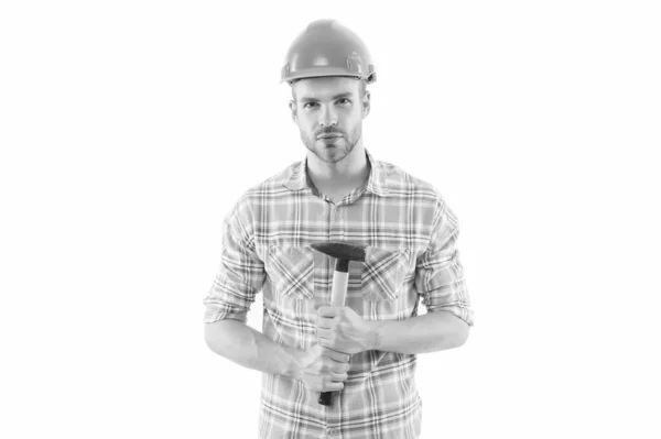 Despierta maestros en ti mismo. Tipo inspirado con martillo. Mejora y renovación. Hombre constructor o inspector. Ingeniero arquitecto constructor. Hombre constructor sombrero duro. Handyman en el taller. Proyecto DIY — Foto de Stock