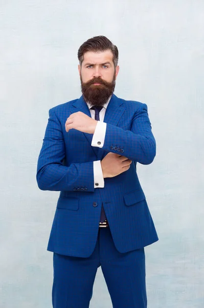 We value your skills. Fashion look of businessman. Office style. Business attire. Fashion wardrobe. Menswear store. Get exclusive formalwear. Bearded man blue suit. Mature man in formal style — Stock Photo, Image