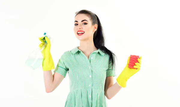Limpeza dona de casa feliz isolado no fundo branco . — Fotografia de Stock