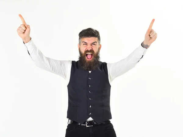 Concepto de emociones y éxito. Barbudo hombre con fuerte — Foto de Stock