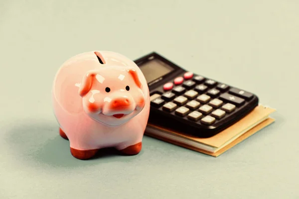 Piggy bank pink pig and calculator. Business administration. Calculate profit. Finance manager wanted. Trading exchange. Trade market. Finance department. Credit debt concept. Economics and finance