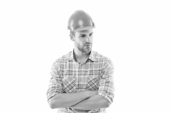 Sempre dedicado ao trabalho. Trabalhador confiante isolado em branco. Trabalhador da construção usar capacete protetor. Trabalho de engenharia. Construção e obras. Ambiente de trabalho seguro — Fotografia de Stock