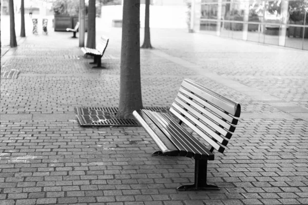 Mejora del espacio público. Estación de autobuses lugar para esperar. Banco urbano o asiento. Banco de ciudad con respaldo. Descansa y relájate. Bancos vacíos en la calle. Concepto de cuarentena y pandemia. Banco a prueba de vándalos —  Fotos de Stock